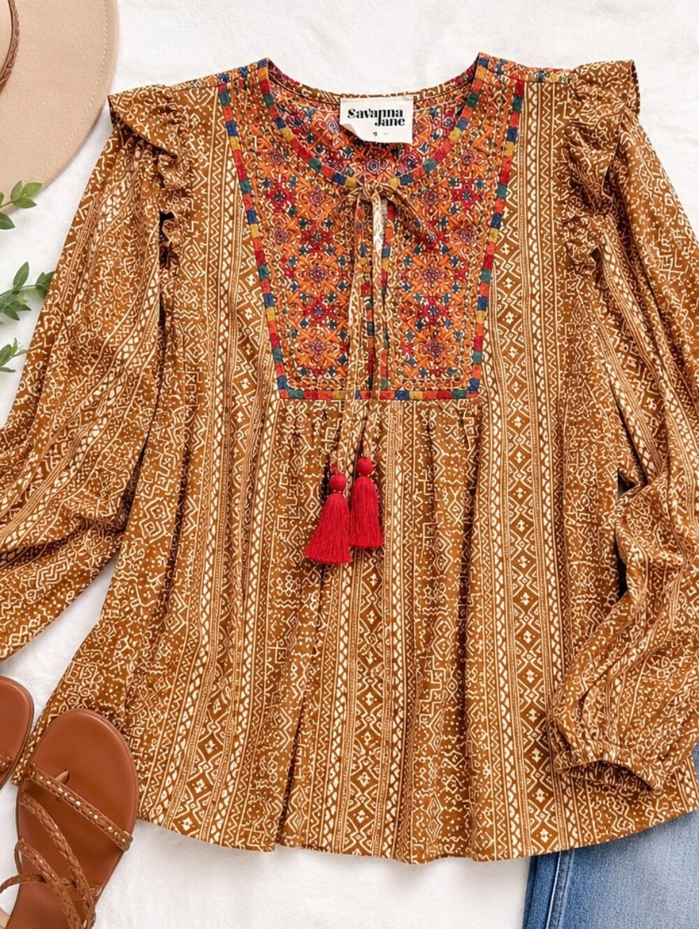 Savanna Jane Camel Embroidered Boho Peasant Top with Red Tassels